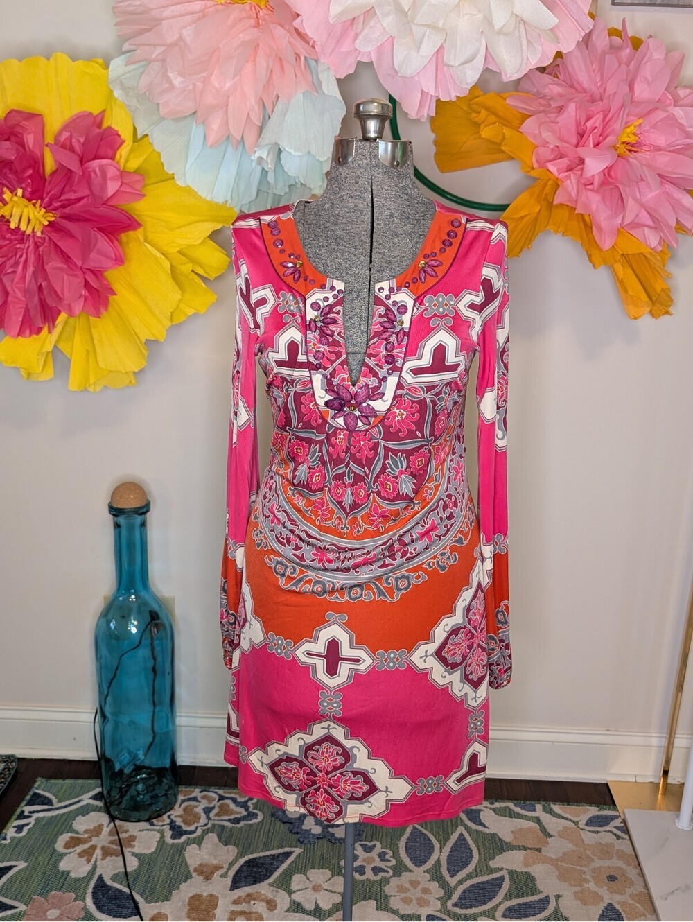 Hale Bob Pink Orange Printed Beaded V-Neck 100% Silk Dress Size M